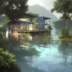 Flooded landscape with greenery, traditional houses, submerged car, and misty mountains