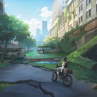 Dilapidated buildings overtaken by vegetation in futuristic cityscape