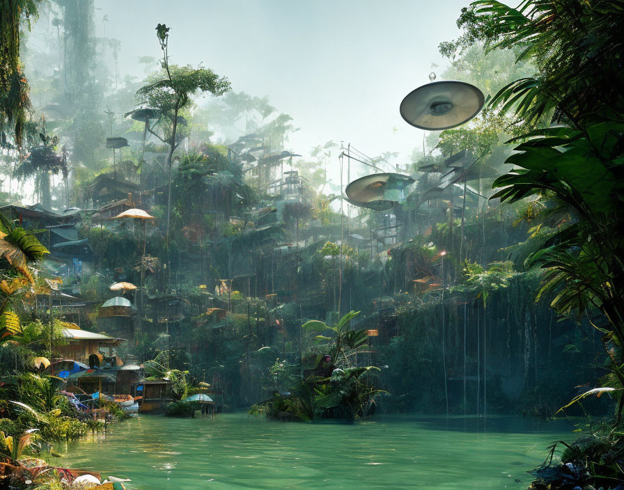 Futuristic village in lush green forest with waterfalls