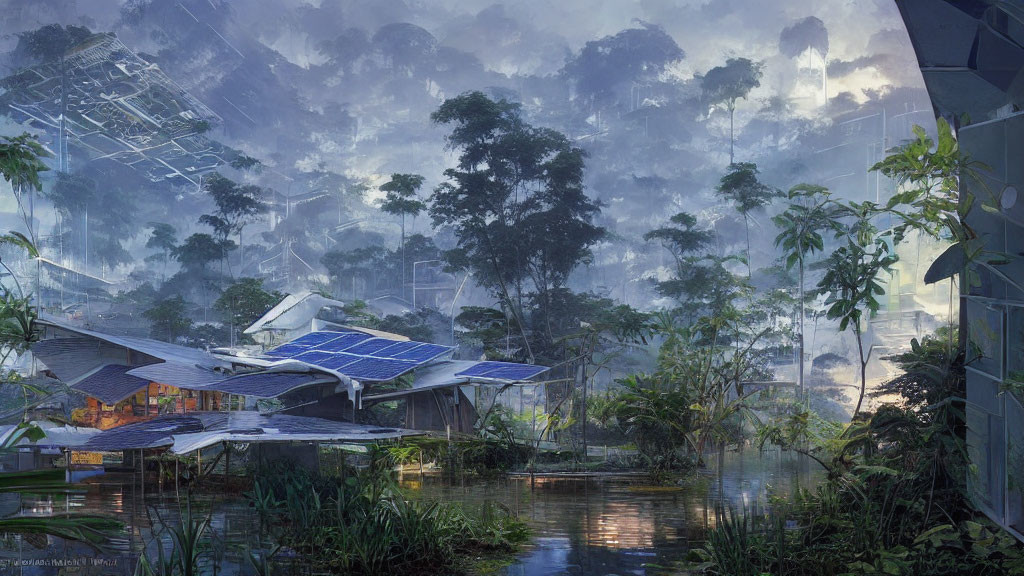 Futuristic village with solar panels in lush forest and waterways