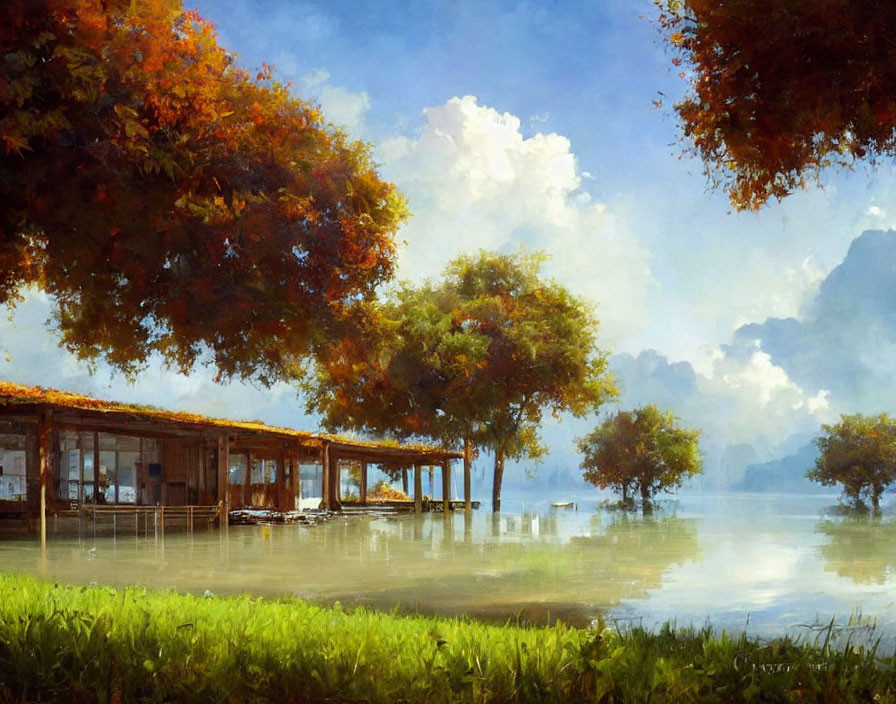 Autumn lakeside landscape with wooden house and clear water