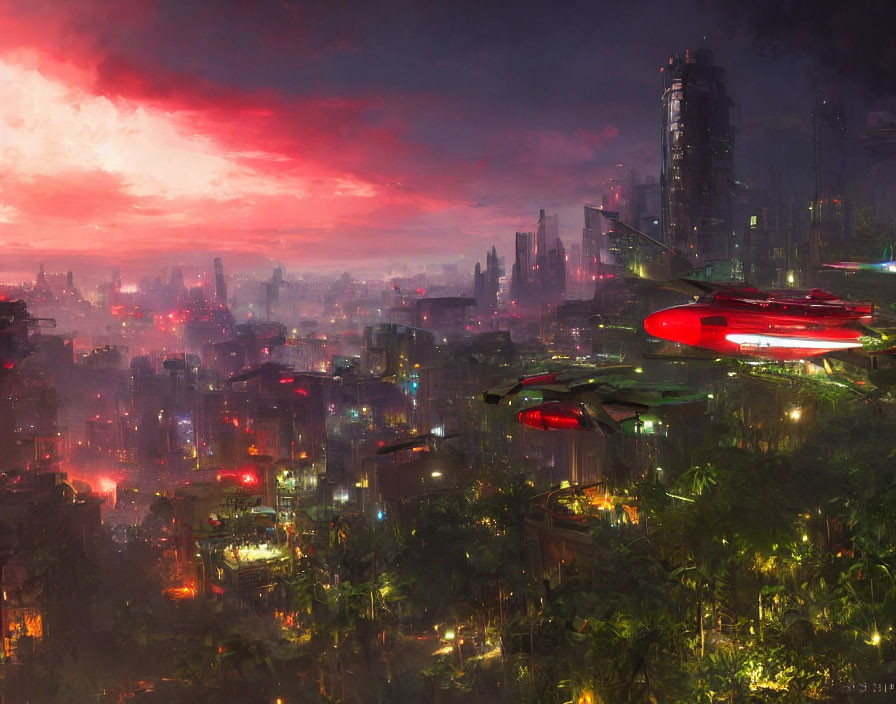 Futuristic cityscape at dusk: neon lights, flying vehicles, skyscrapers, lush jungle