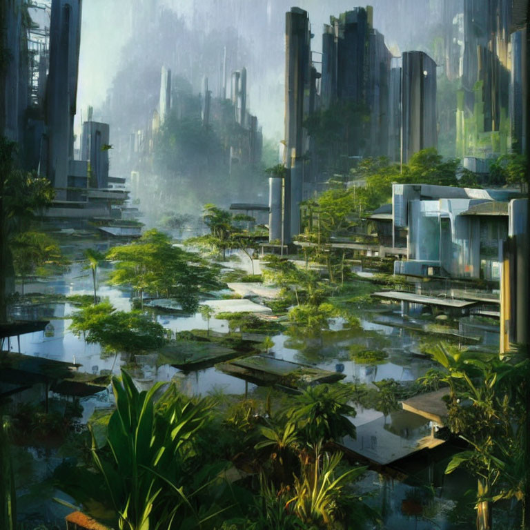 Abandoned futuristic city ruins overtaken by lush vegetation