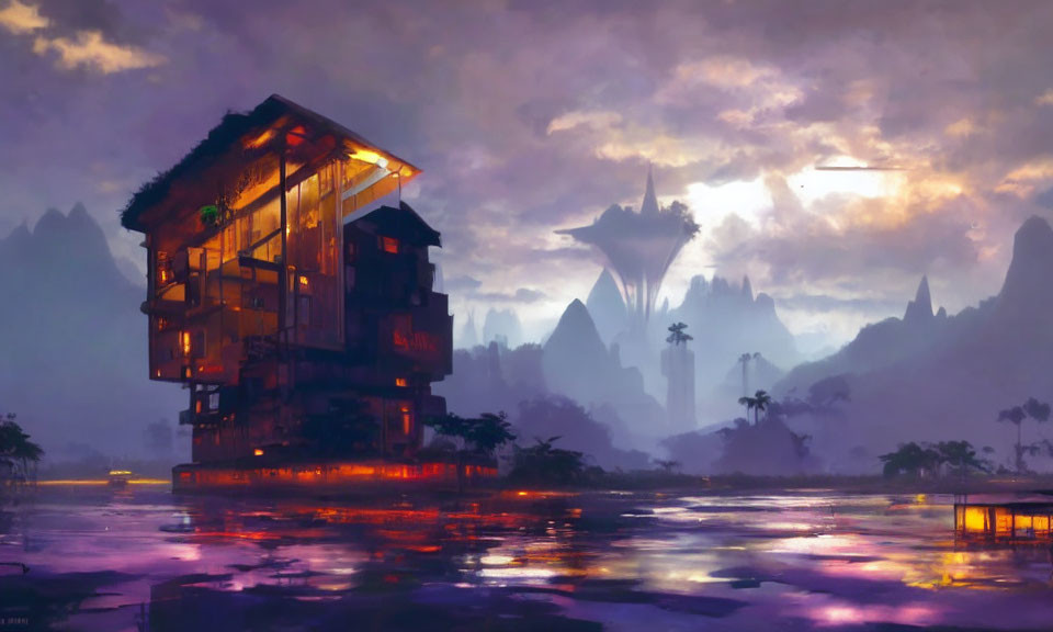 Futuristic multi-story building above water at twilight with mountains and advanced structures in the background