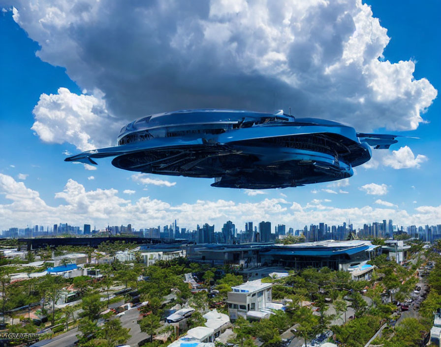 Futuristic spaceship over modern cityscape under cloudy sky