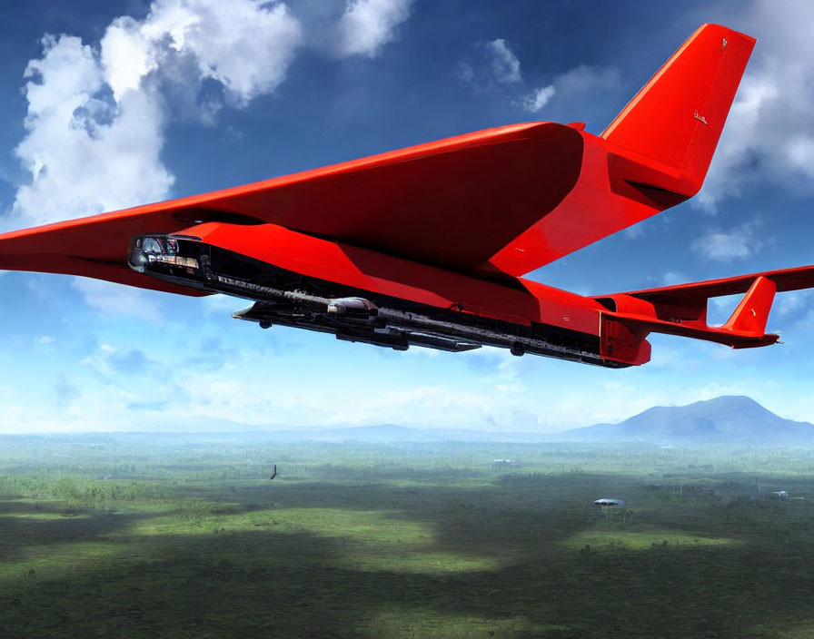 Futuristic aircraft flying over lush green landscape and mountains