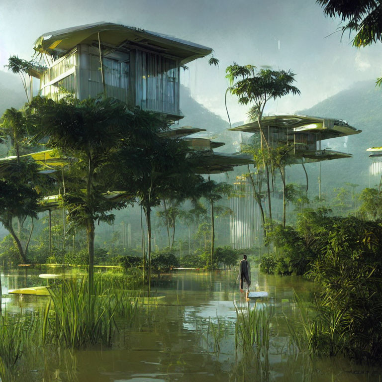 Person walking in shallow water towards futuristic treehouse buildings in misty forest.