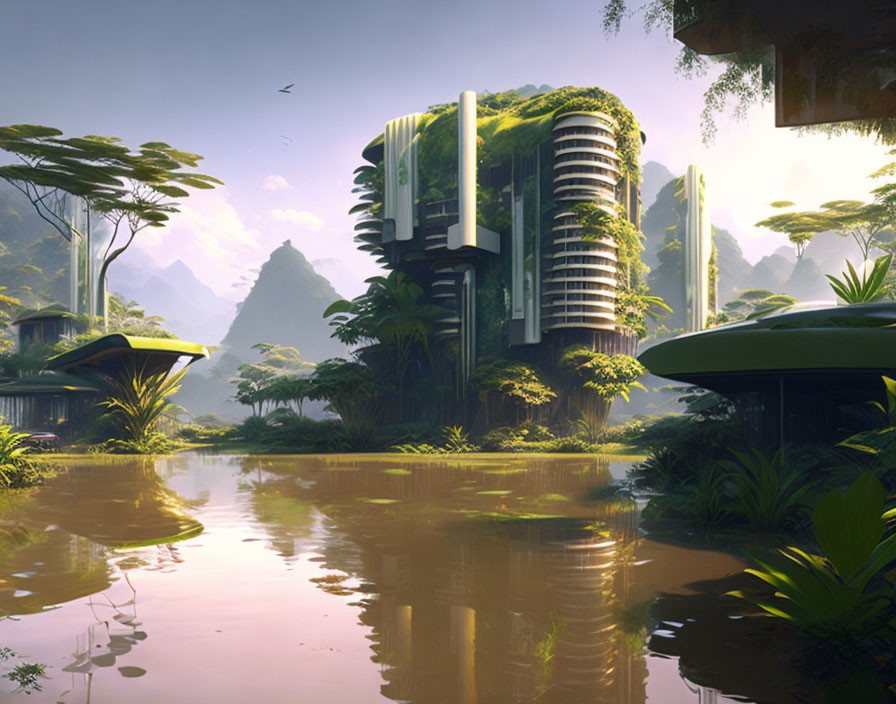 Futuristic buildings blending with lush jungle in misty setting