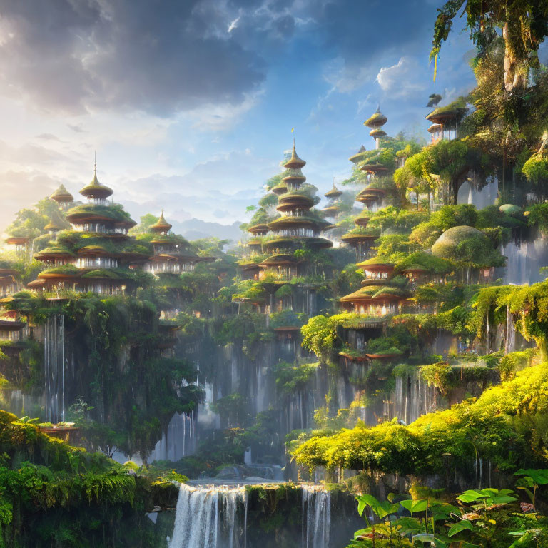 Lush landscape with waterfalls, pagodas, and golden light