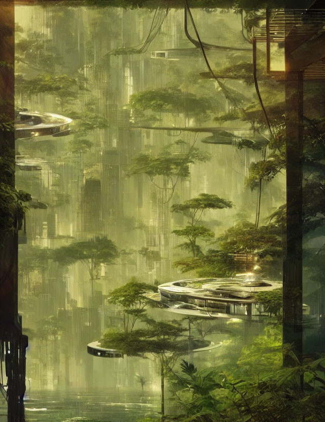 Futuristic forest with towering trees and floating platforms