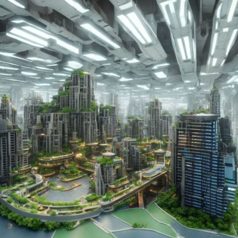 Futuristic cityscape featuring high-rise buildings, lush greenery, waterways, and illuminated ceiling