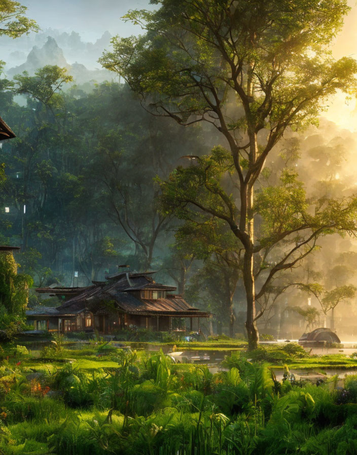 Tranquil forest sunrise with traditional house by pond