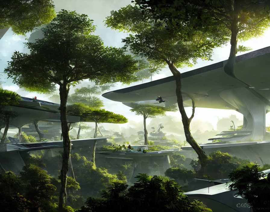 Futuristic forest with towering trees and flying saucer structures, small figures interacting.