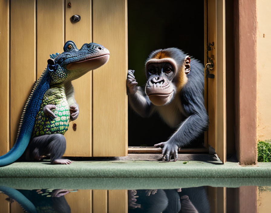 Baby Monkey and Toy Dinosaur at Miniature Doorway