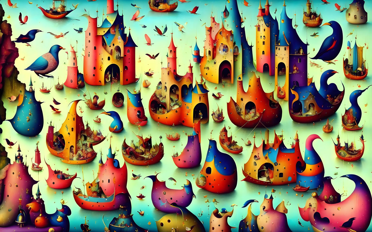 Colorful surreal landscape with whimsical castles, birds, whales, and ships on teal background