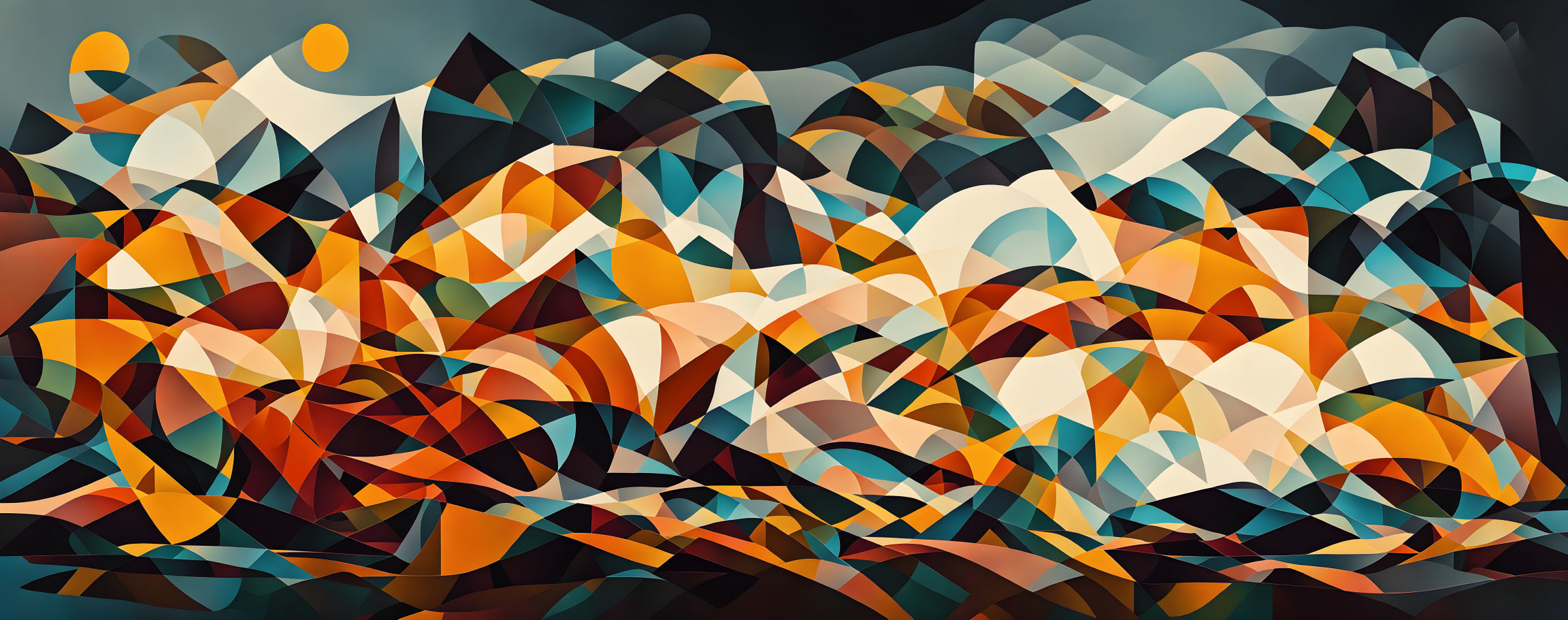 Abstract geometric composition with overlapping orange, blue, and brown shapes