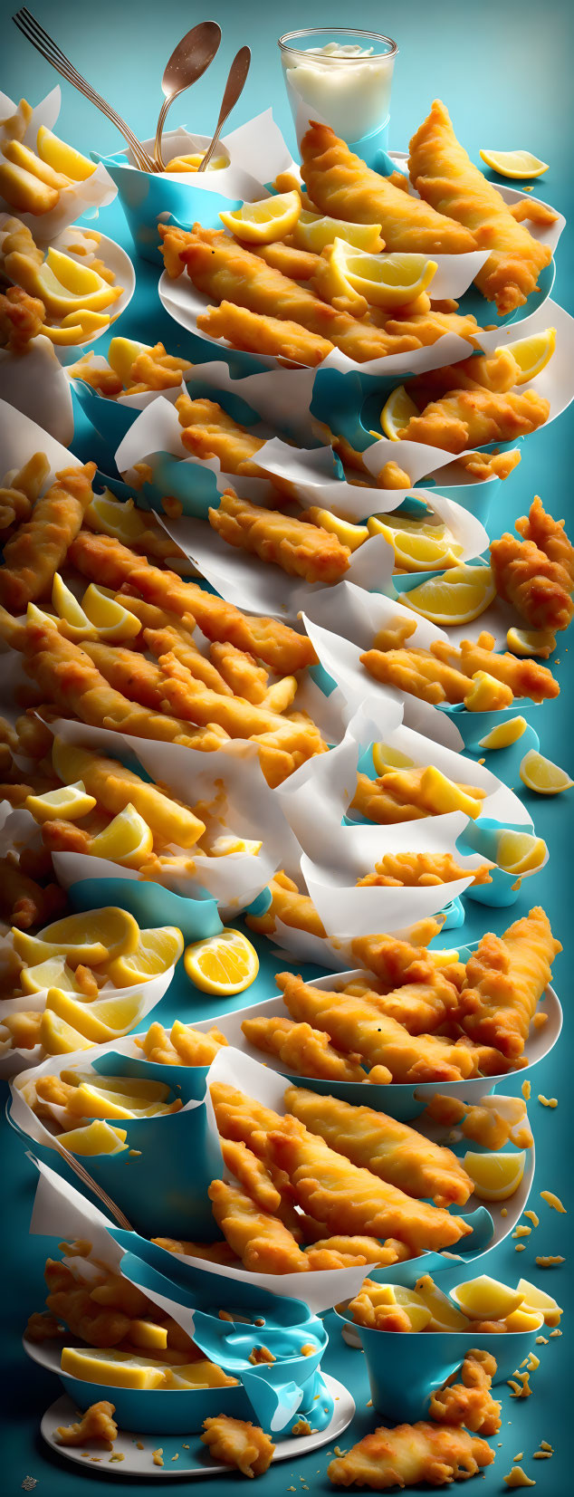 Colorful Fish and Chips with Lemon and Tartar Sauce on Teal Background