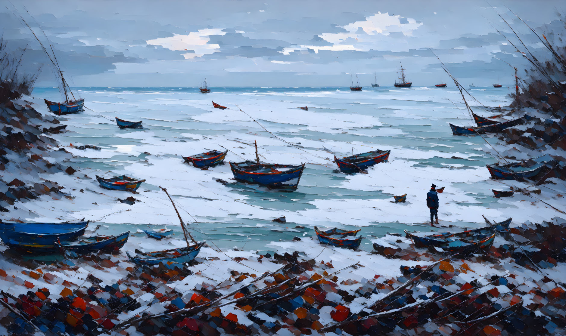 Coastal Winter Scene: Boats on Shore, Figure by Water's Edge