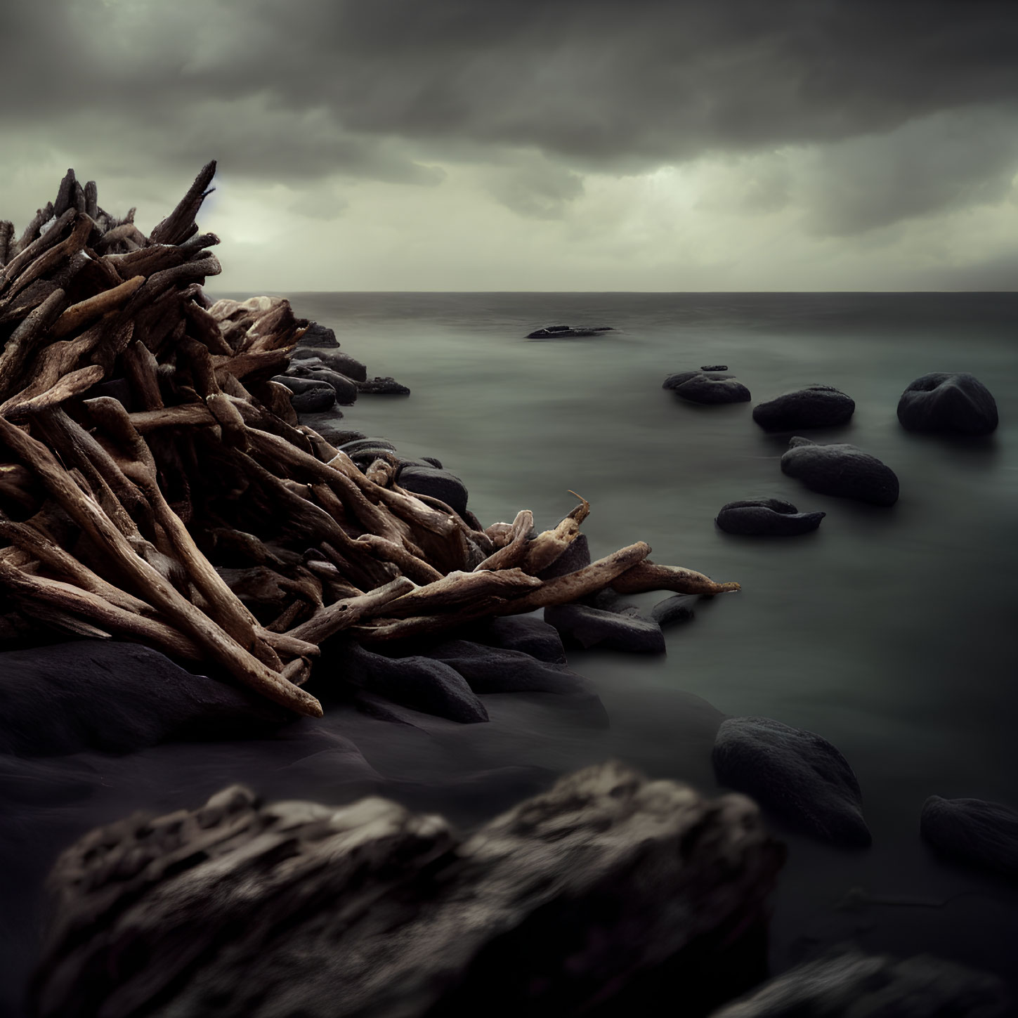 Stormy Sky Over Driftwood Pile on Rocky Shore