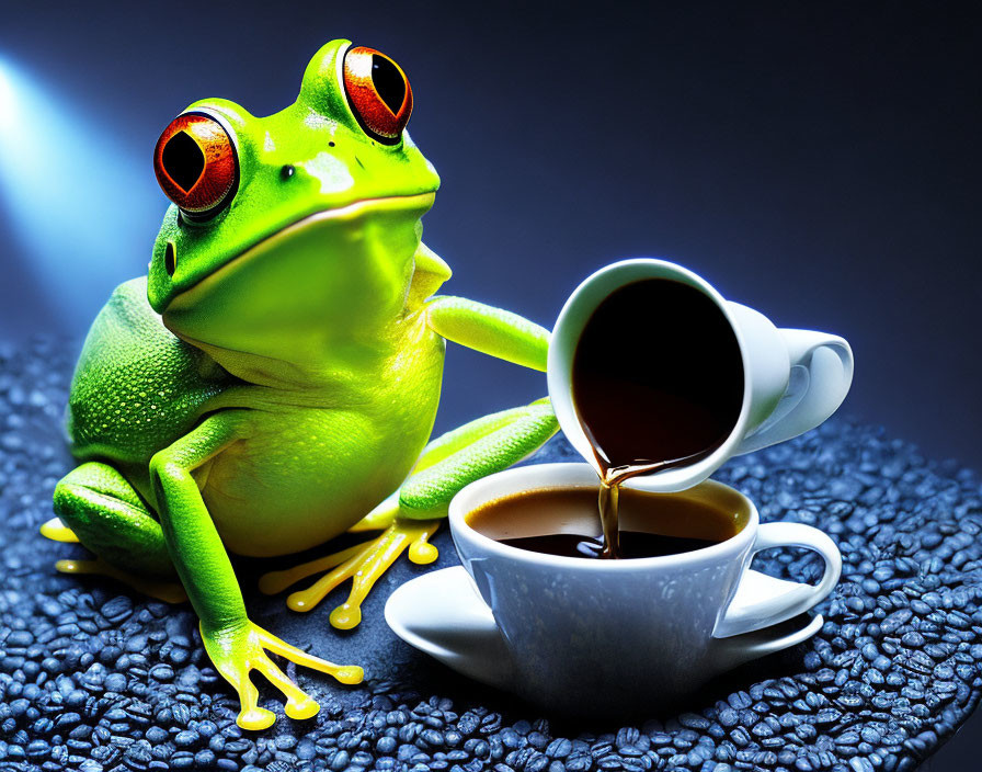 Green frog with red eyes next to coffee cup on beans with pouring coffee