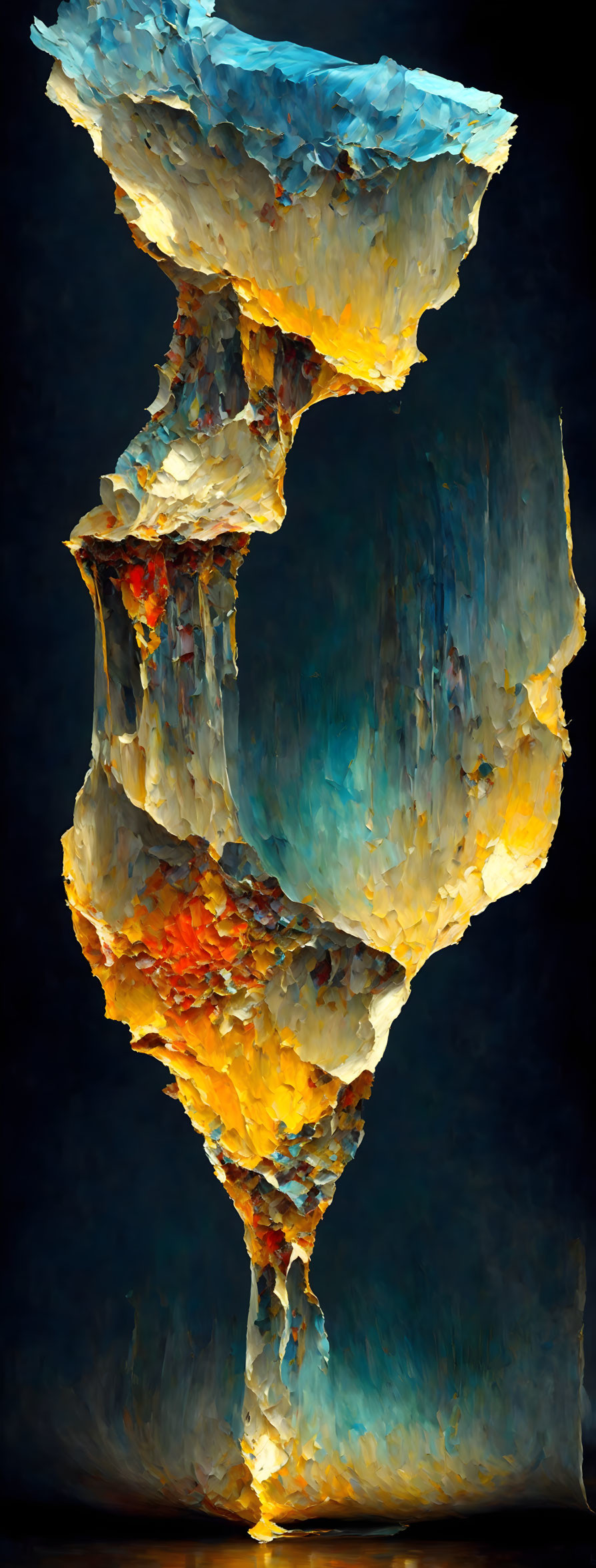 Abstract vertical form with textured blue, yellow, and red hues