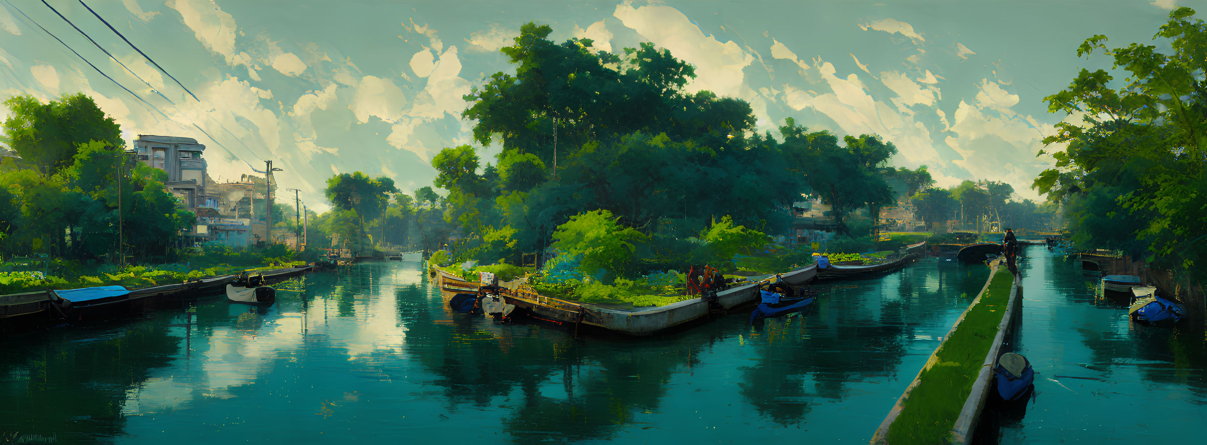 Tranquil river scene with boats, greenery, and buildings under cloudy sky