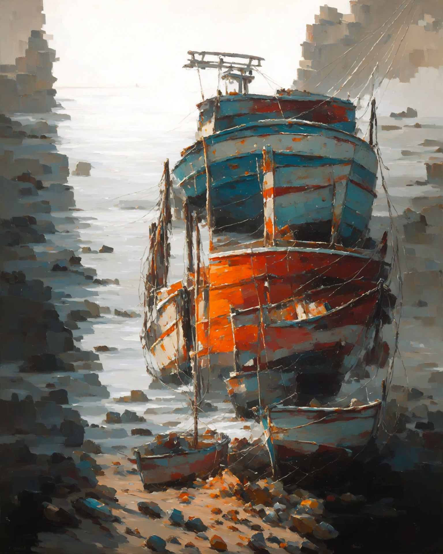 Old Beached Boat Painting in Blue and Orange Tones with Dangling Ropes