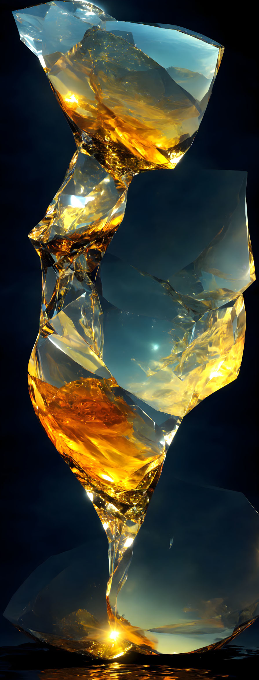 Abstract digital art: Interlocked golden amber shapes on dark background