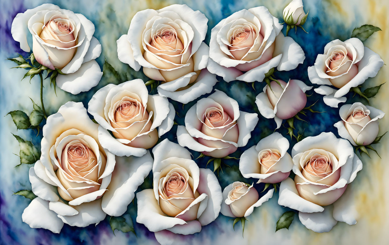 Cream-colored roses with pink centers on blue and green marbled backdrop