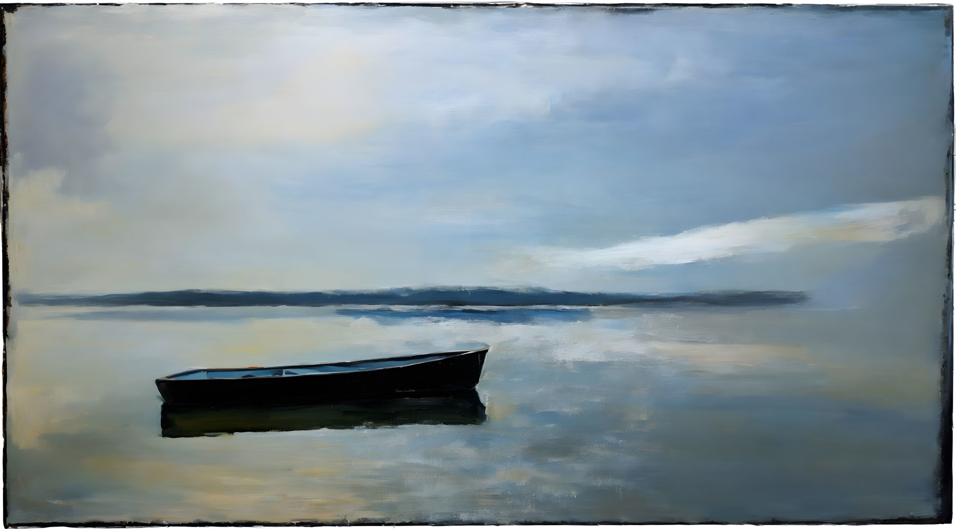 Tranquil painting of lone boat on calm waters under vast sky