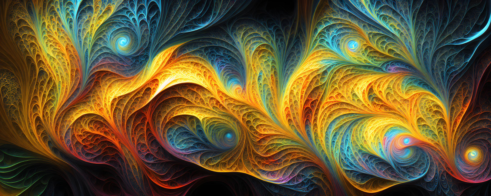 Colorful digital fractal art: swirling blue, orange, and yellow patterns.