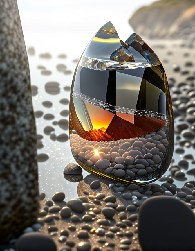 Digital artwork of teardrop glass reflecting sunset beach scene