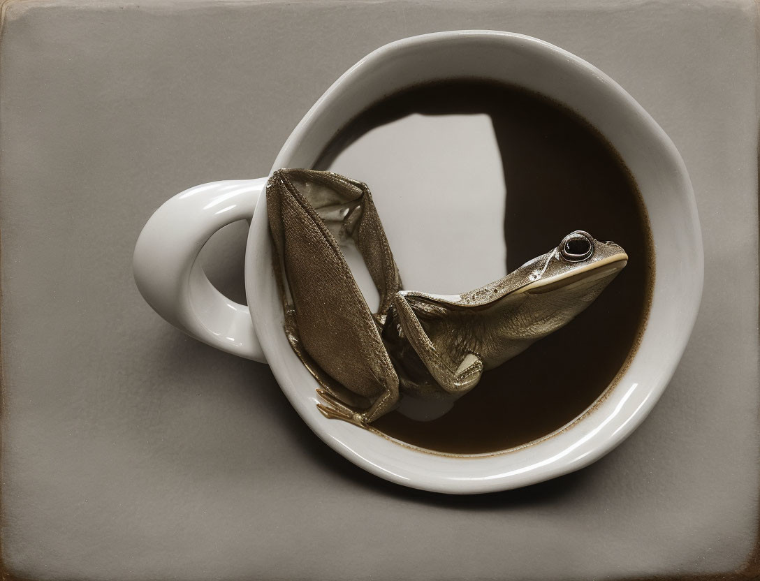 Sepia-Toned Image of Frog in Coffee Cup