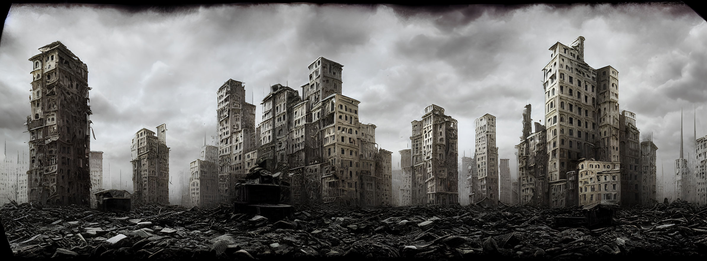 Dilapidated high-rise buildings in apocalyptic cityscape