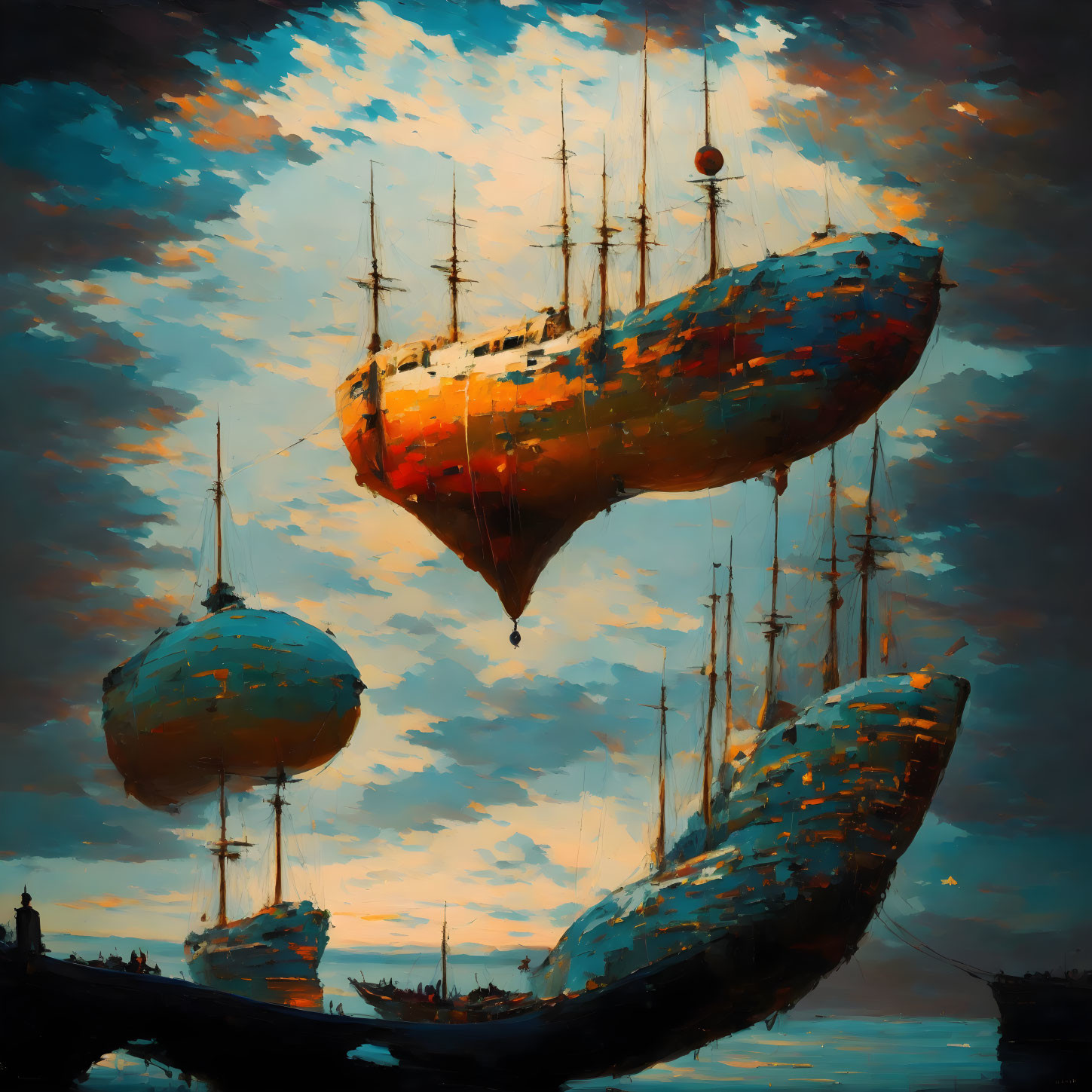 Surreal seascape: floating ships, tall masts, dramatic sky