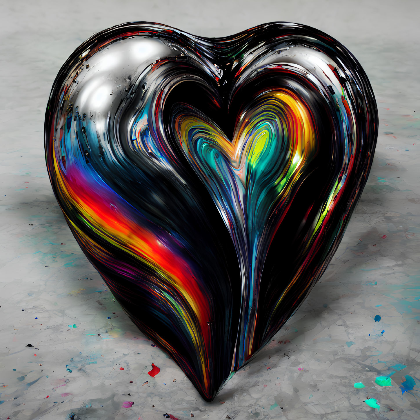 Colorful 3D heart on grey background with paint splatters