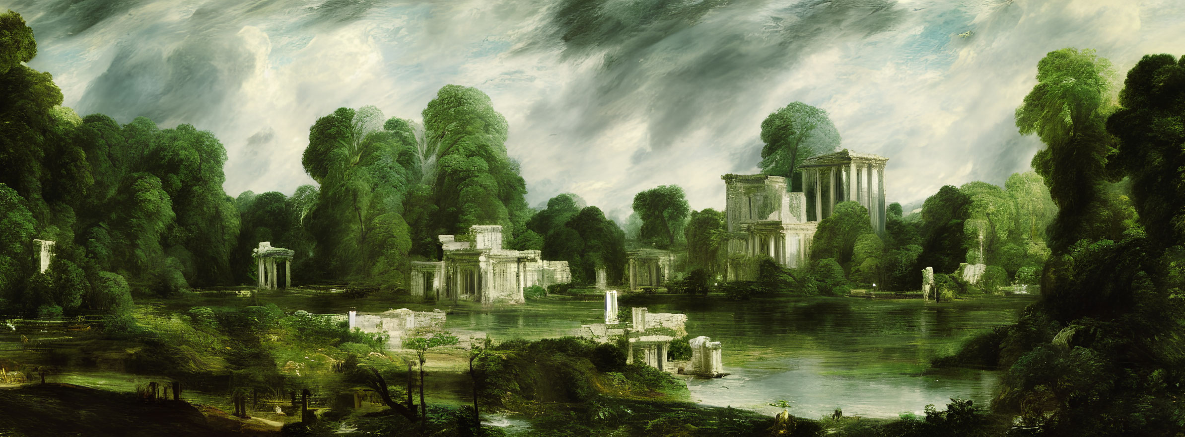 Panoramic landscape painting: lush green forests, ancient ruins, temples, serene lake, dramatic cloudy