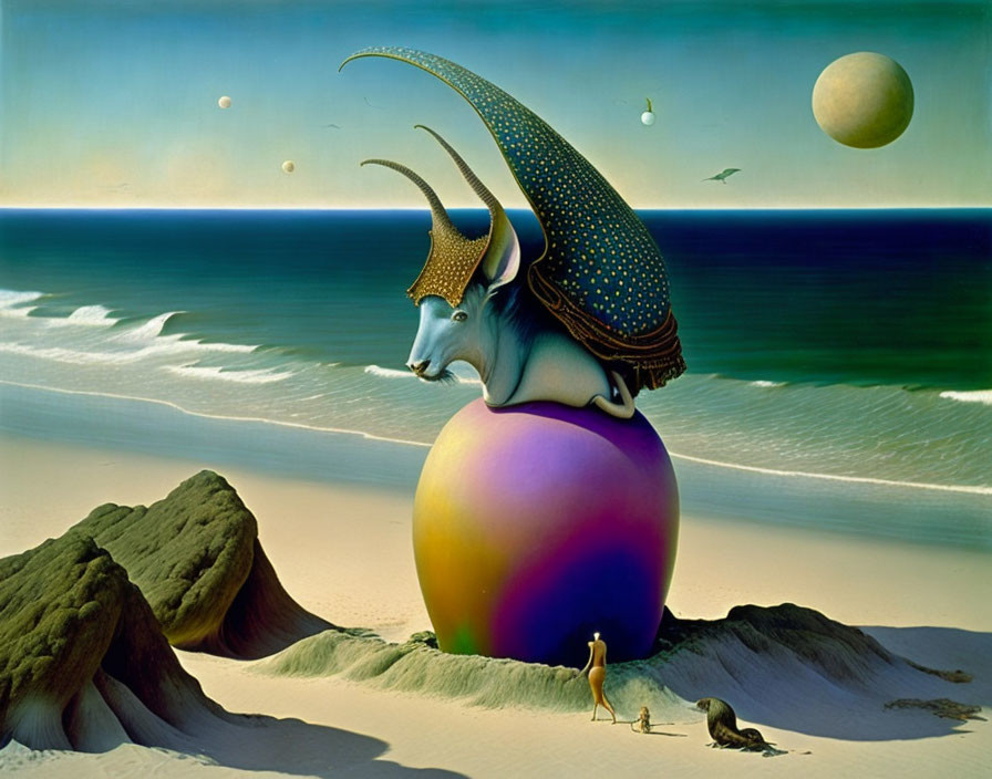 Multicolored sphere with crowned bovine head in surreal beach scene