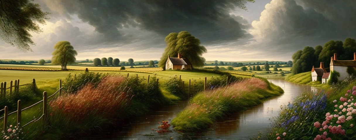 Tranquil pastoral landscape with river, cottage, flowers, and vibrant skies