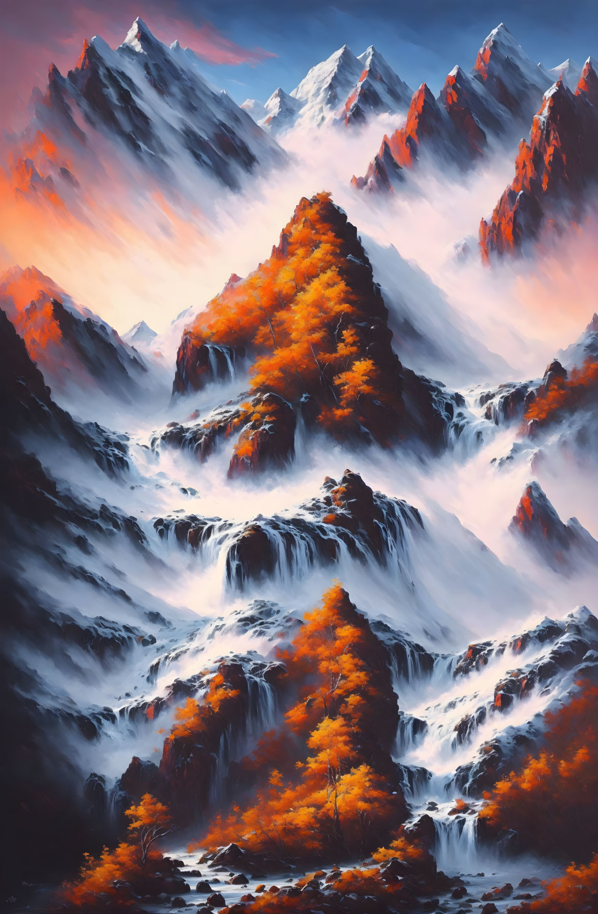 Colorful painting of autumn trees and snow-capped mountains at sunset