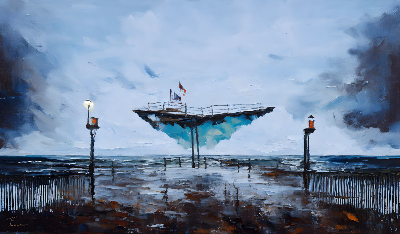 Deserted pier oil painting with street lamps and flag under stormy skies