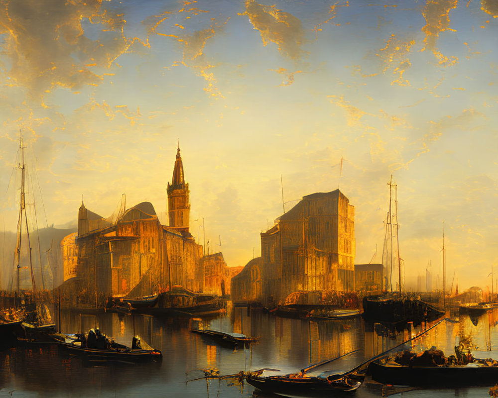 Golden-hued painting of bustling harbor with boats and dramatic sky