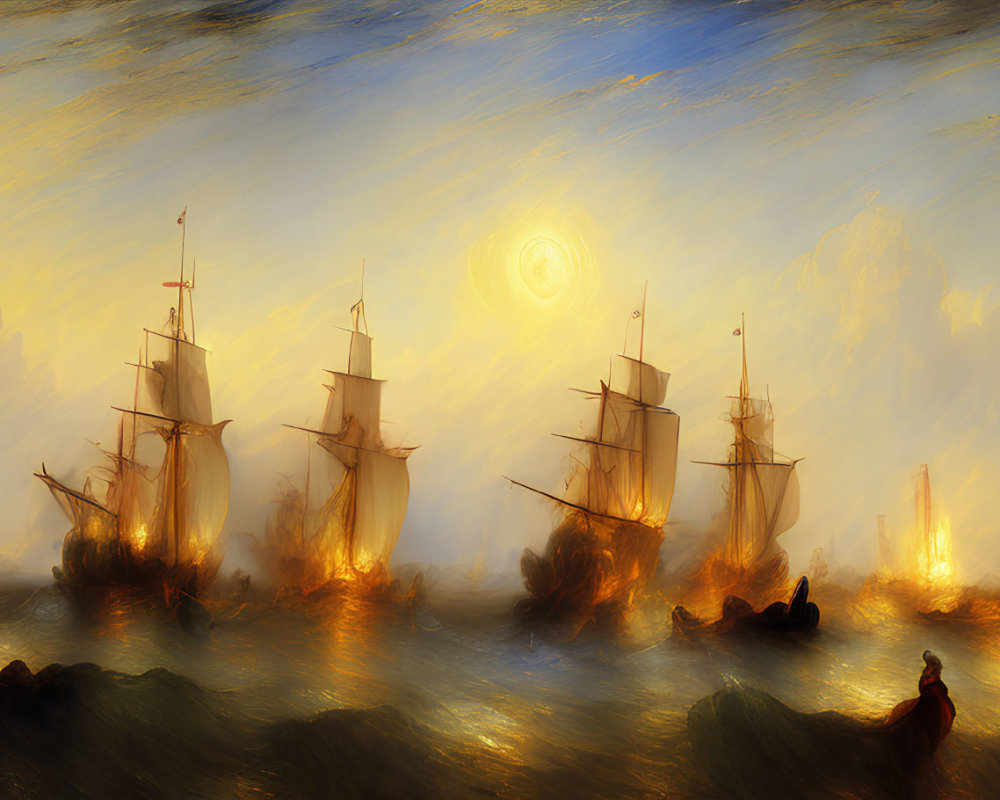 Panoramic artwork featuring ships on turbulent seas and fiery sky