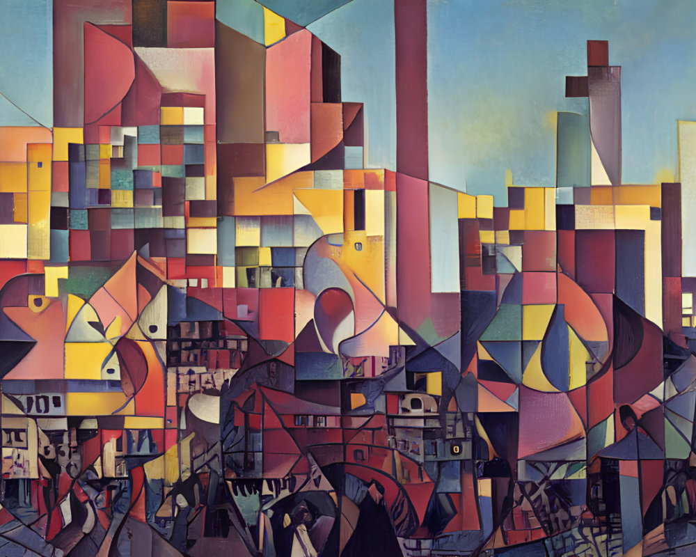 Cubist cityscape painting with vibrant colors and geometric shapes