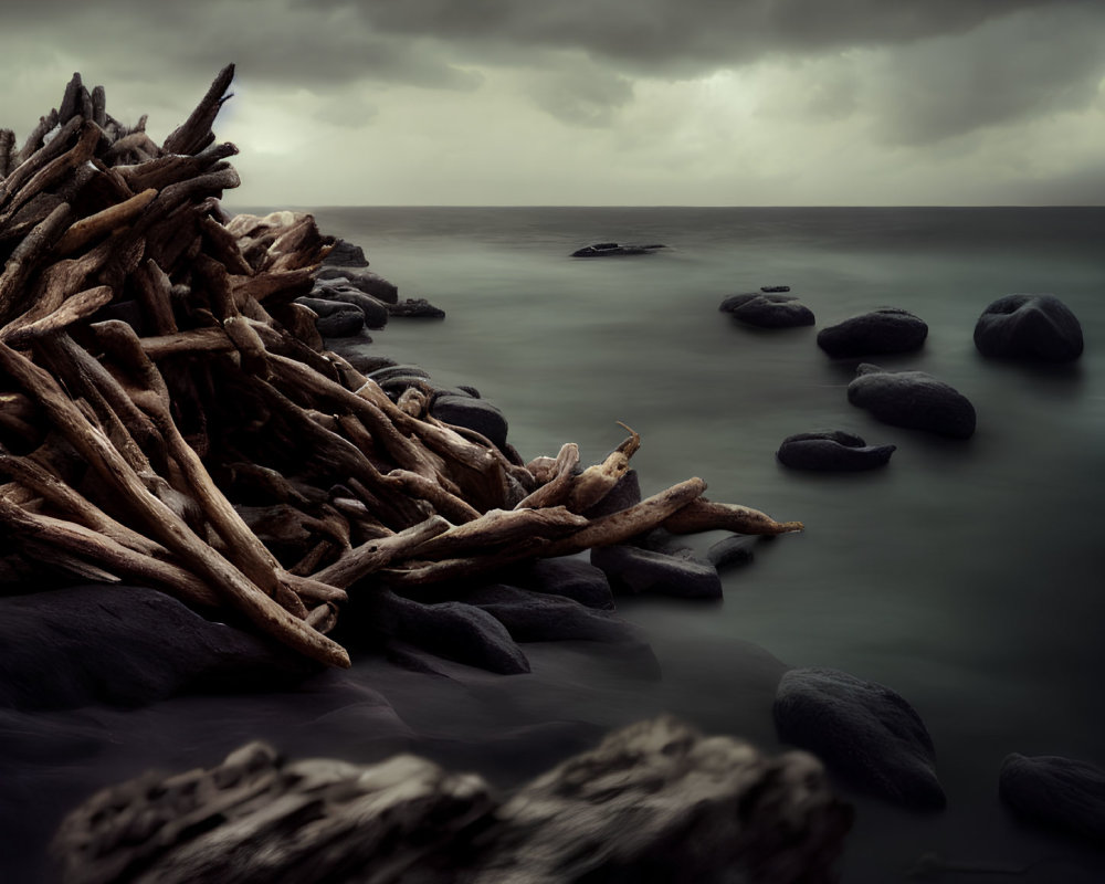 Stormy Sky Over Driftwood Pile on Rocky Shore