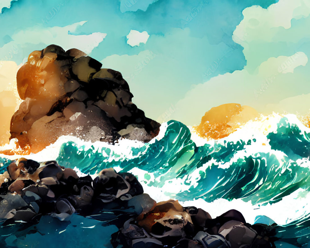 Vivid digital artwork: Waves crashing on rocks with colorful sky