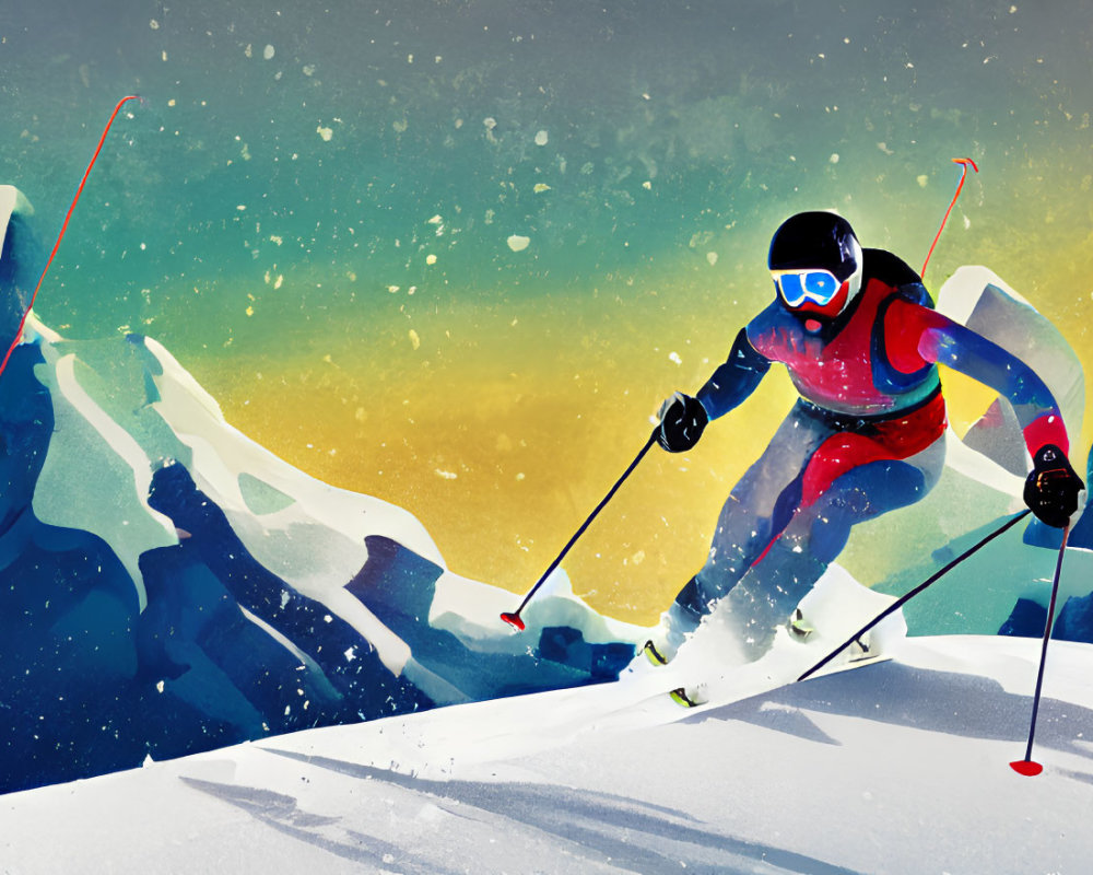 Colorful skier descends snowy slope with stylized mountains and vibrant sky.