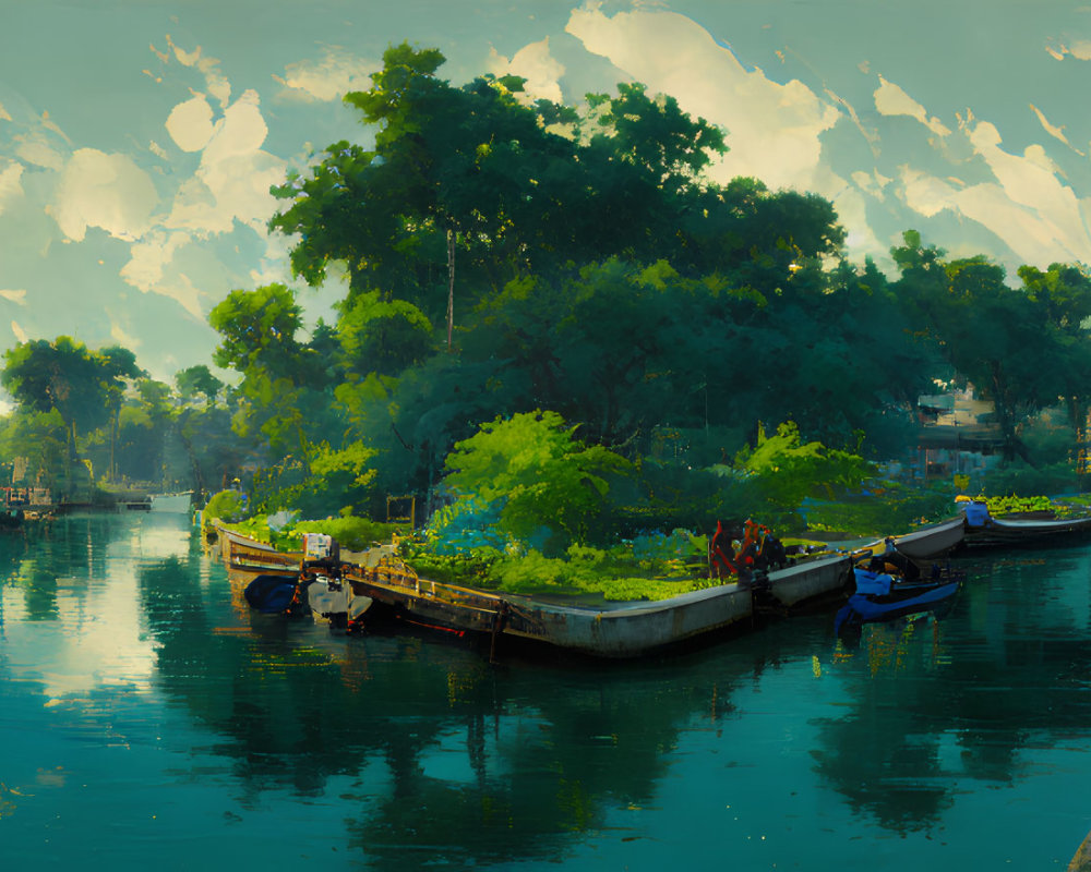 Tranquil river scene with boats, greenery, and buildings under cloudy sky