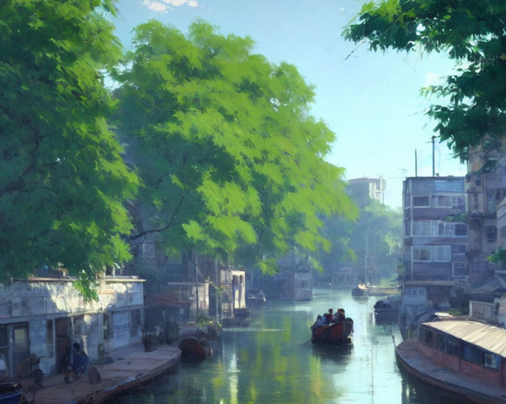 Tranquil canal with green trees, old buildings, and boats under soft sunlight