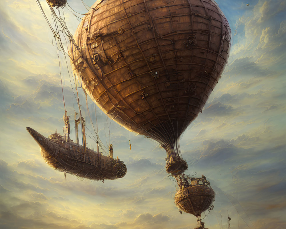 Wooden ships transformed into airships flying through a sunset sky with fluffy clouds